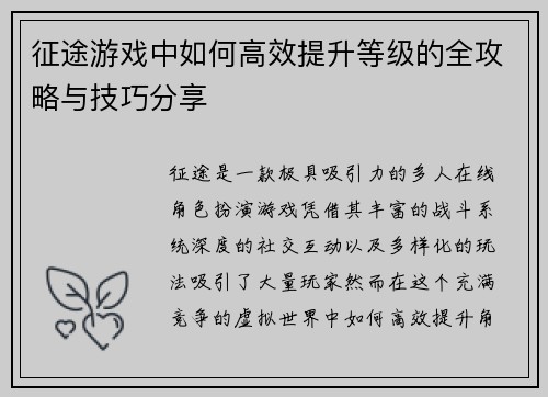 征途游戏中如何高效提升等级的全攻略与技巧分享