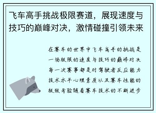 飞车高手挑战极限赛道，展现速度与技巧的巅峰对决，激情碰撞引领未来赛车新潮流
