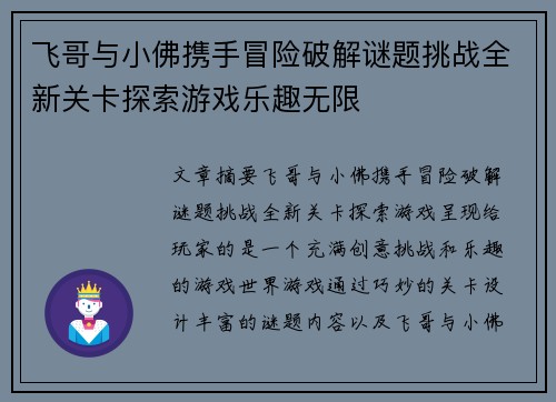 飞哥与小佛携手冒险破解谜题挑战全新关卡探索游戏乐趣无限