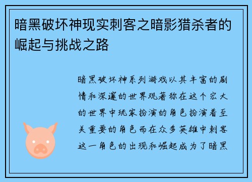 暗黑破坏神现实刺客之暗影猎杀者的崛起与挑战之路